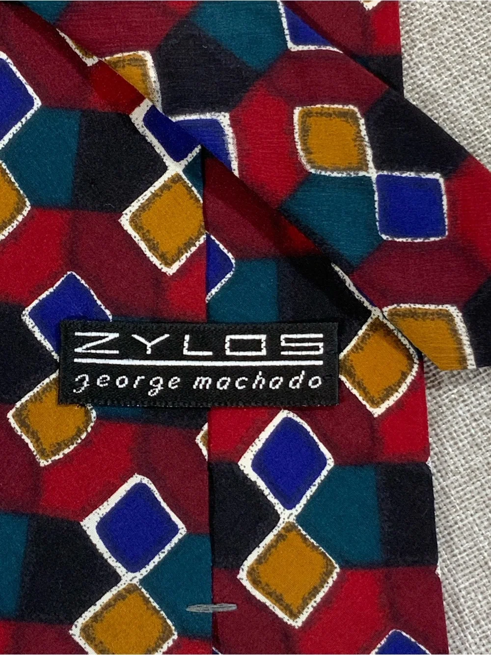 Zylos George Machado Silk Tie Geometric Diamond Burgundy Teal Gold